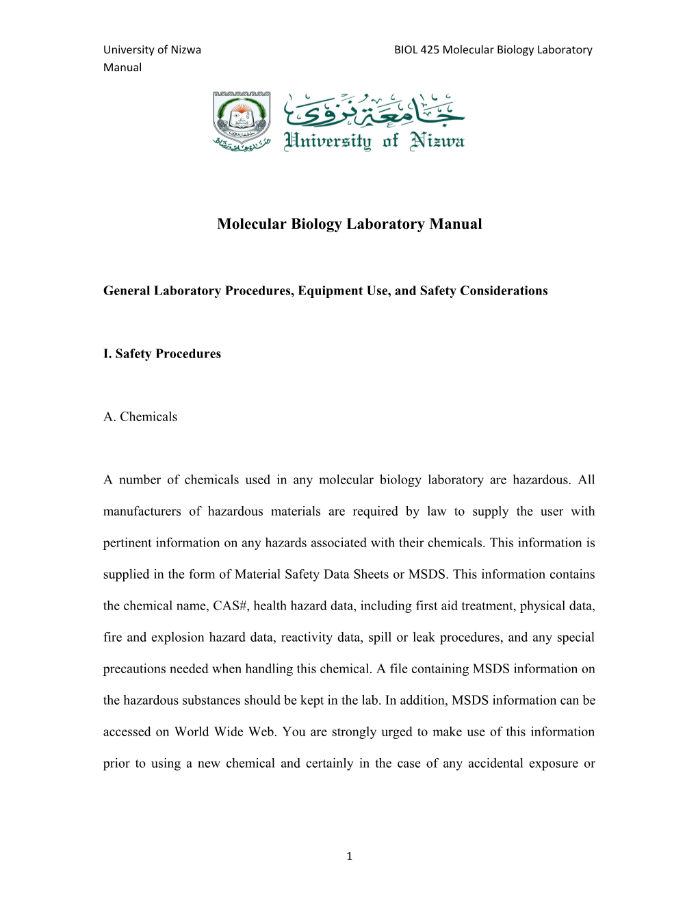 University of Nizwa BIOL 425 Molecular Biology Laboratory Manual