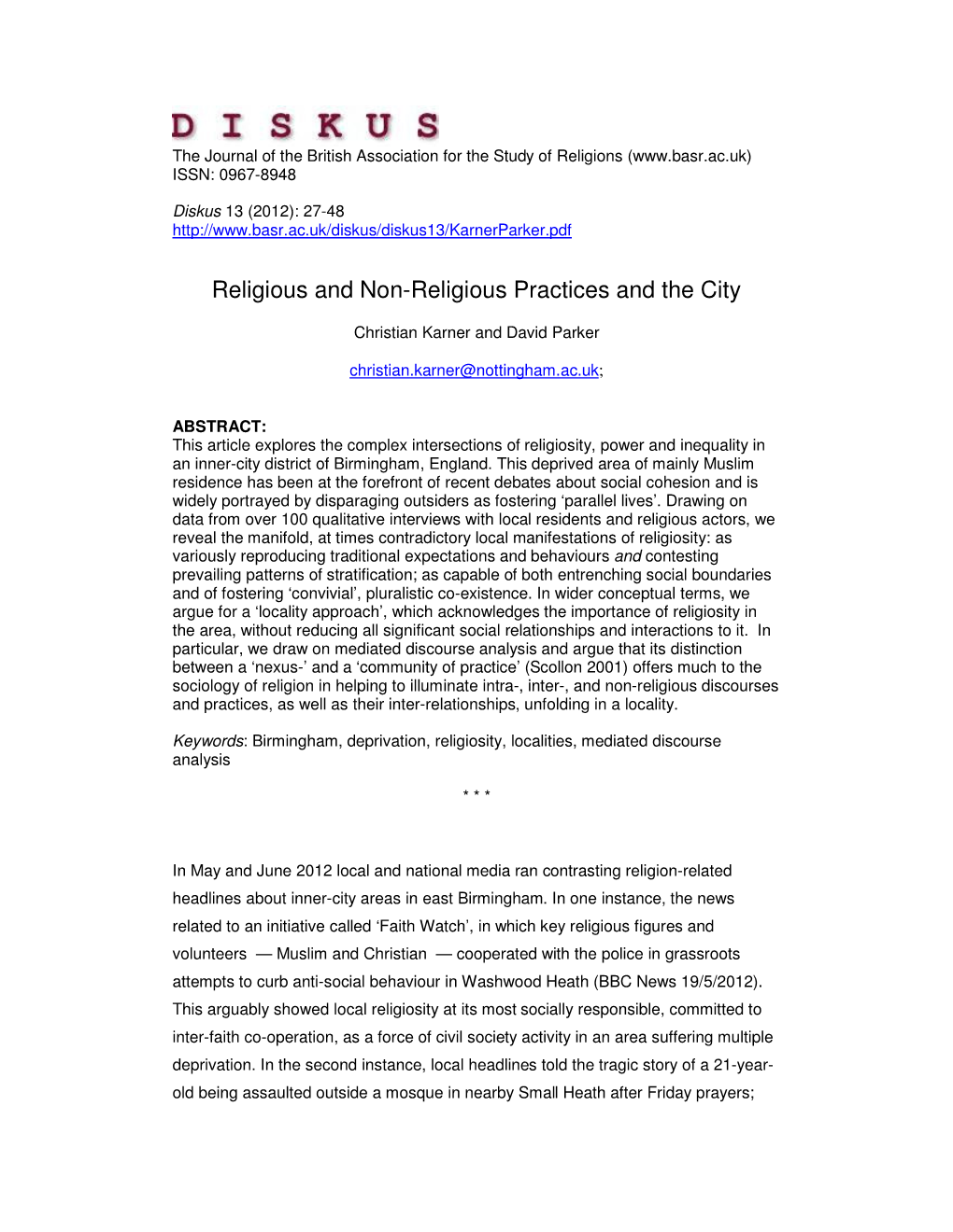 Religious and Non-Religious Practices and the City