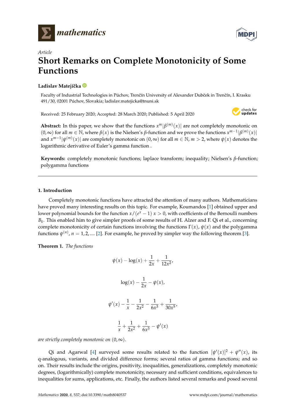 Short Remarks on Complete Monotonicity of Some Functions