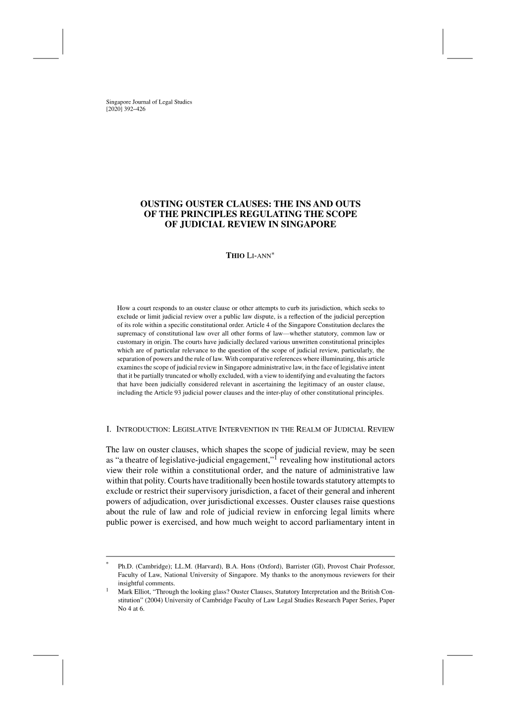 Ousting Ouster Clauses: the Ins and Outs of the Principles Regulating the Scope of Judicial Review in Singapore