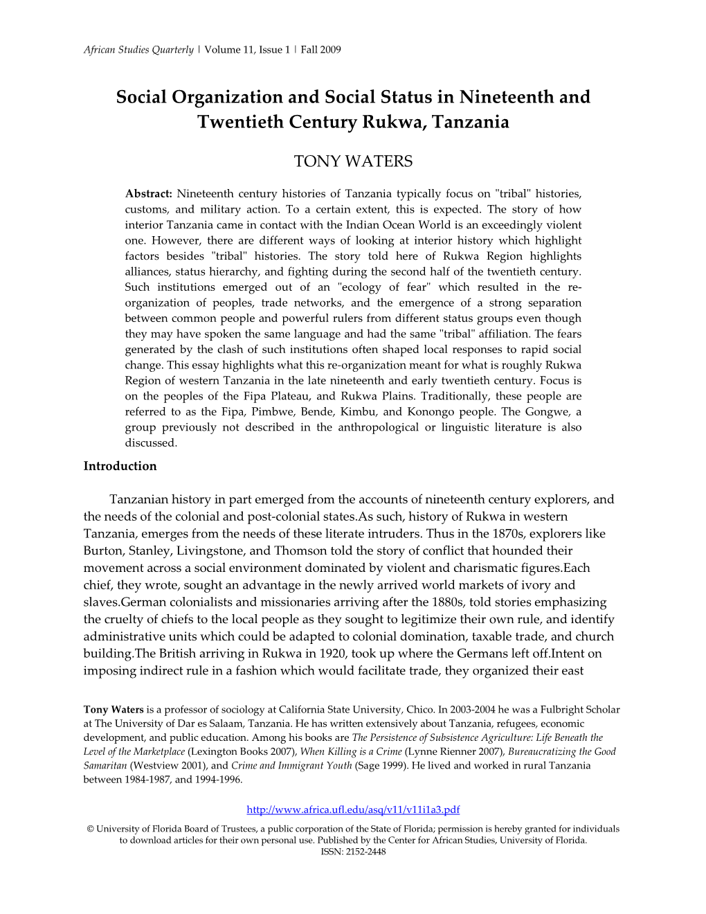 Social Organization and Social Status in Nineteenth and Twentieth Century Rukwa, Tanzania