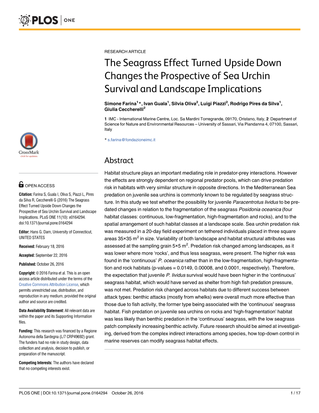 The Seagrass Effect Turned Upside Down Changes the Prospective of Sea Urchin Survival and Landscape Implications