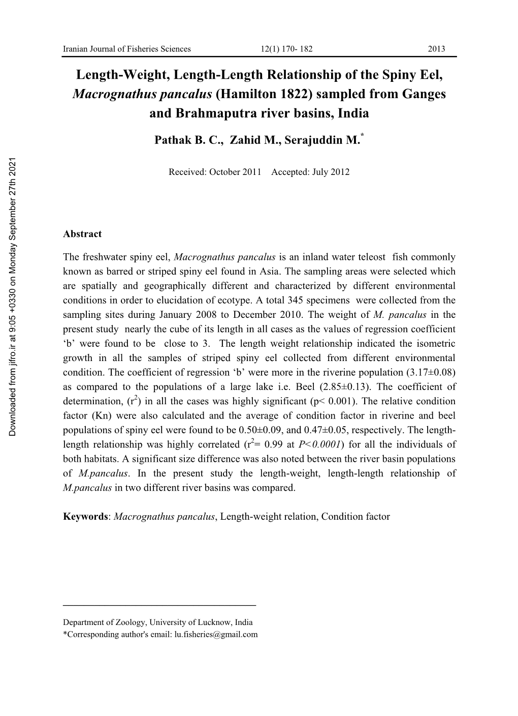 Length-Weight, Length-Length Relationship of the Spiny Eel, Macrognathus Pancalus (Hamilton 1822) Sampled from Ganges and Brahmaputra River Basins, India