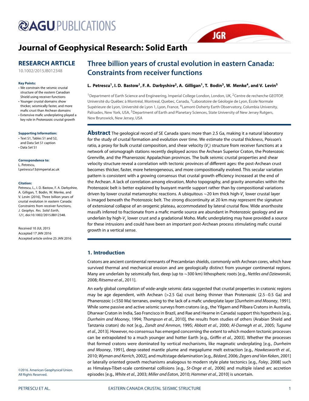 Three Billion Years of Crustal Evolution in Eastern Canada: 10.1002/2015JB012348 Constraints from Receiver Functions