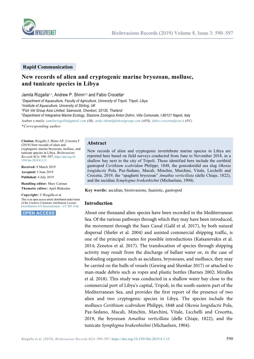 New Records of Alien and Cryptogenic Marine Bryozoan, Mollusc, and Tunicate Species in Libya