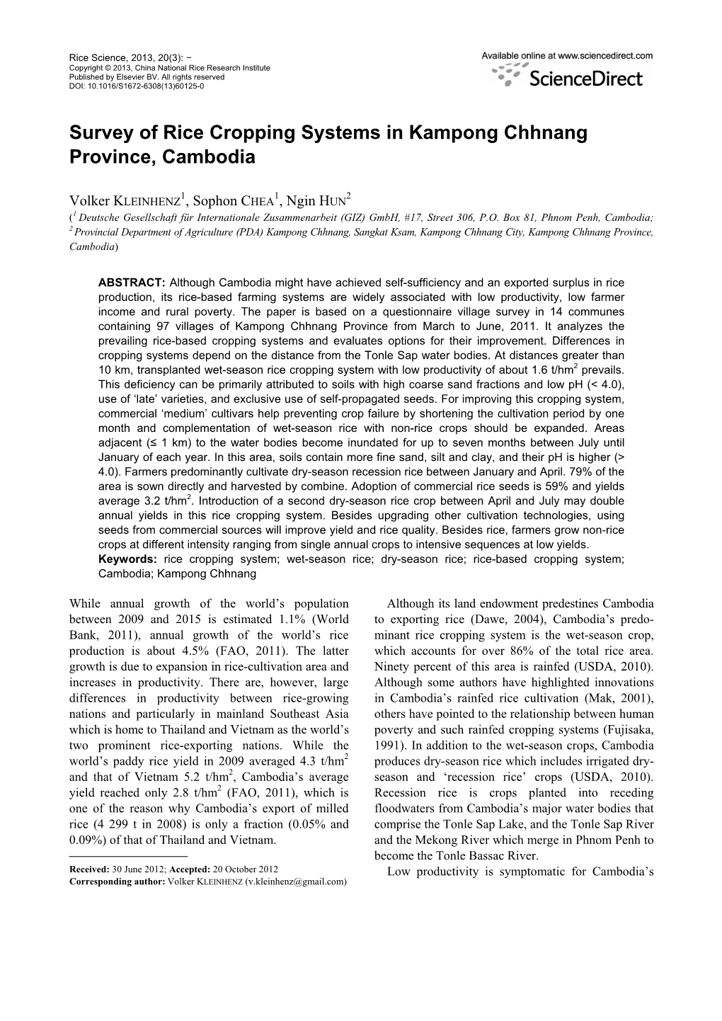 Survey of Rice Cropping Systems in Kampong Chhnang Province, Cambodia