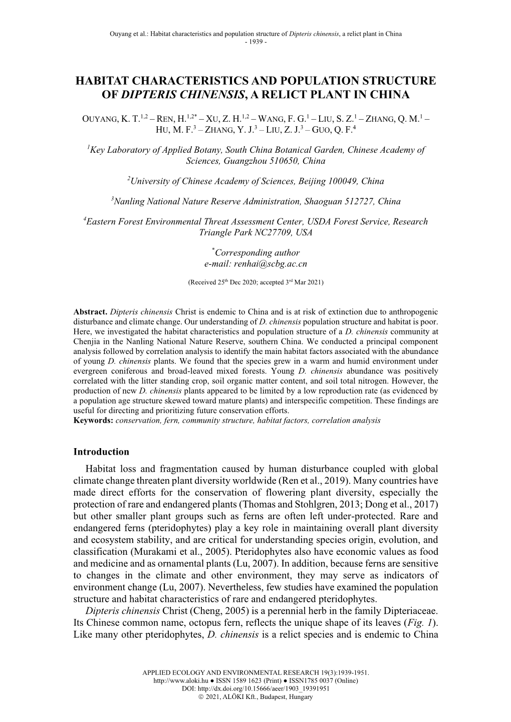 Habitat Characteristics and Population Structure of Dipteris Chinensis, a Relict Plant in China - 1939