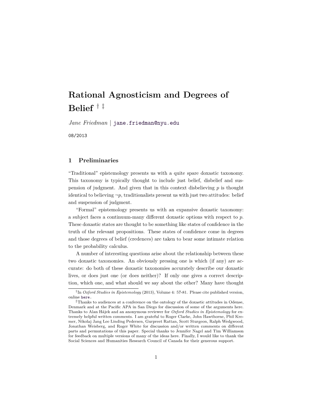 Rational Agnosticism and Degrees of Belief †‡