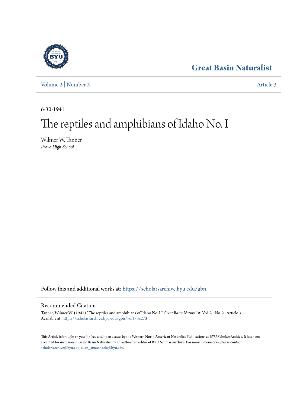 The Reptiles and Amphibians of Idaho No. I