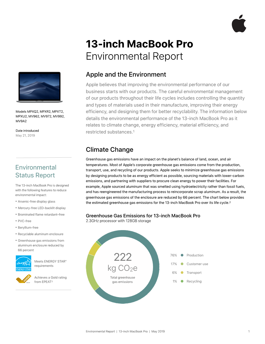 13-Inch Macbook Pro Environmental Report May 2019