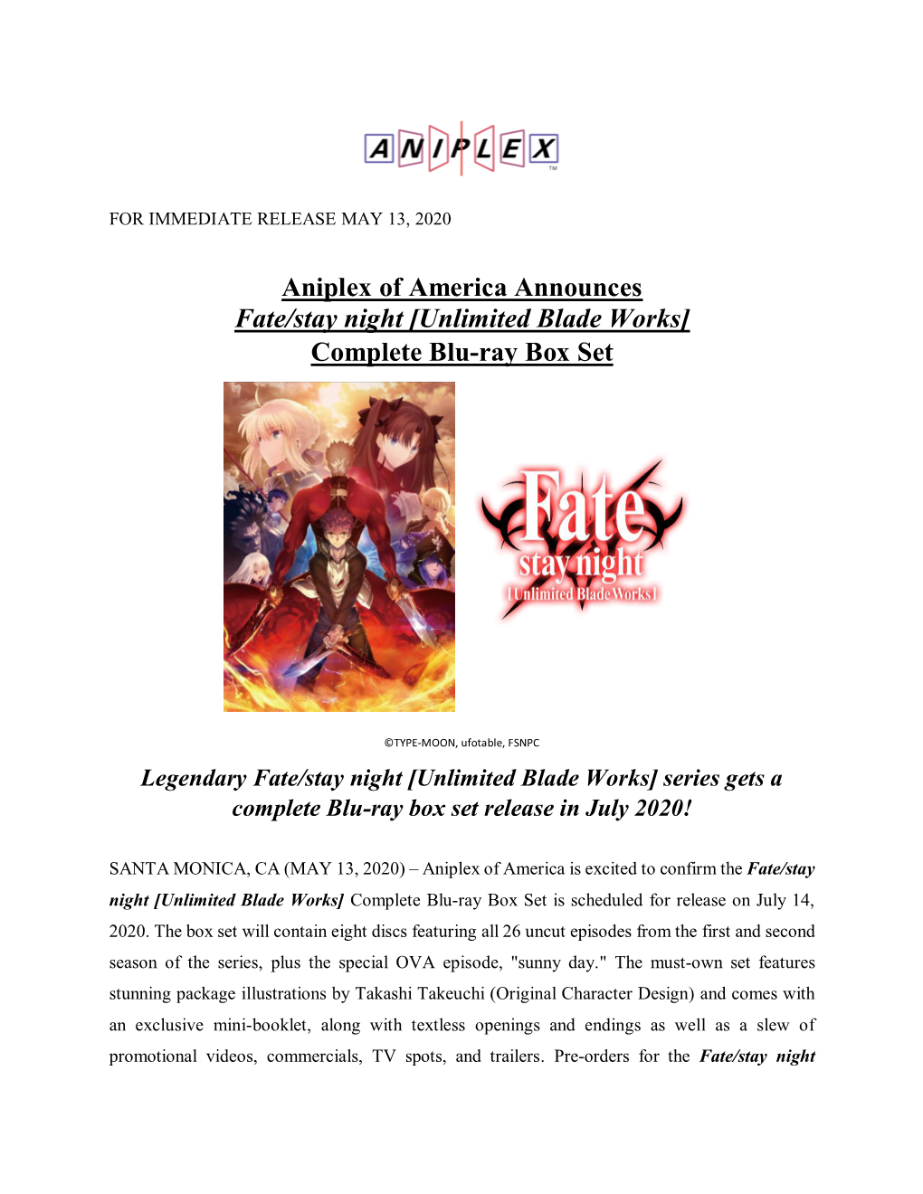 Aniplex of America Announces Fate/Stay Night [Unlimited Blade Works] Complete Blu-Ray Box Set