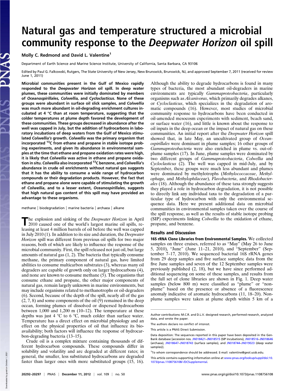 Natural Gas and Temperature Structured a Microbial Community Response to the Deepwater Horizon Oil Spill