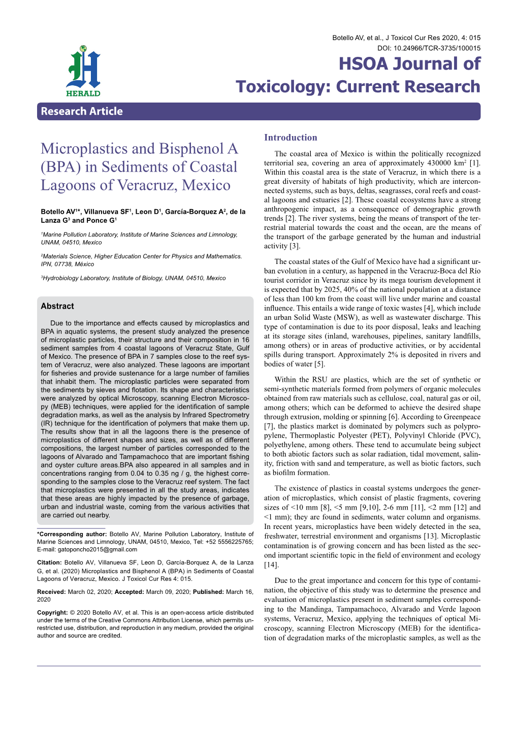 Microplastics and Bisphenol a (BPA) in Sediments of Coastal Lagoons of Veracruz, Mexico