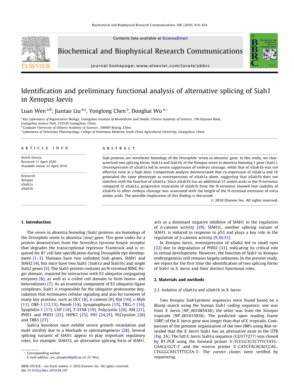 Identification and Preliminary Functional Analysis of Alternative Splicing of Siah1 in Xenopus Laevis