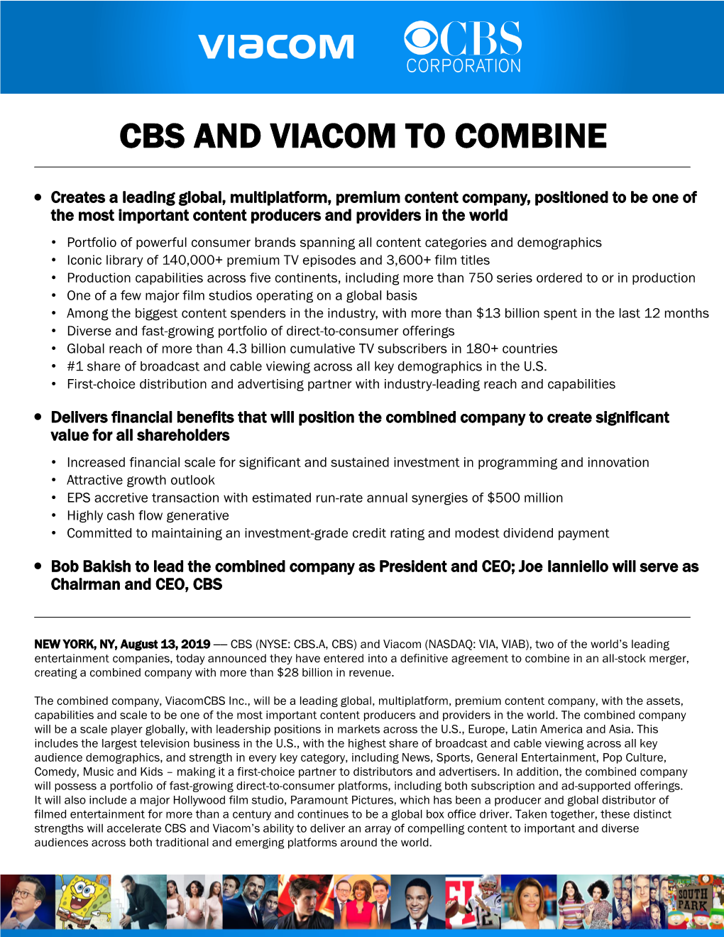 Cbs and Viacom to Combine