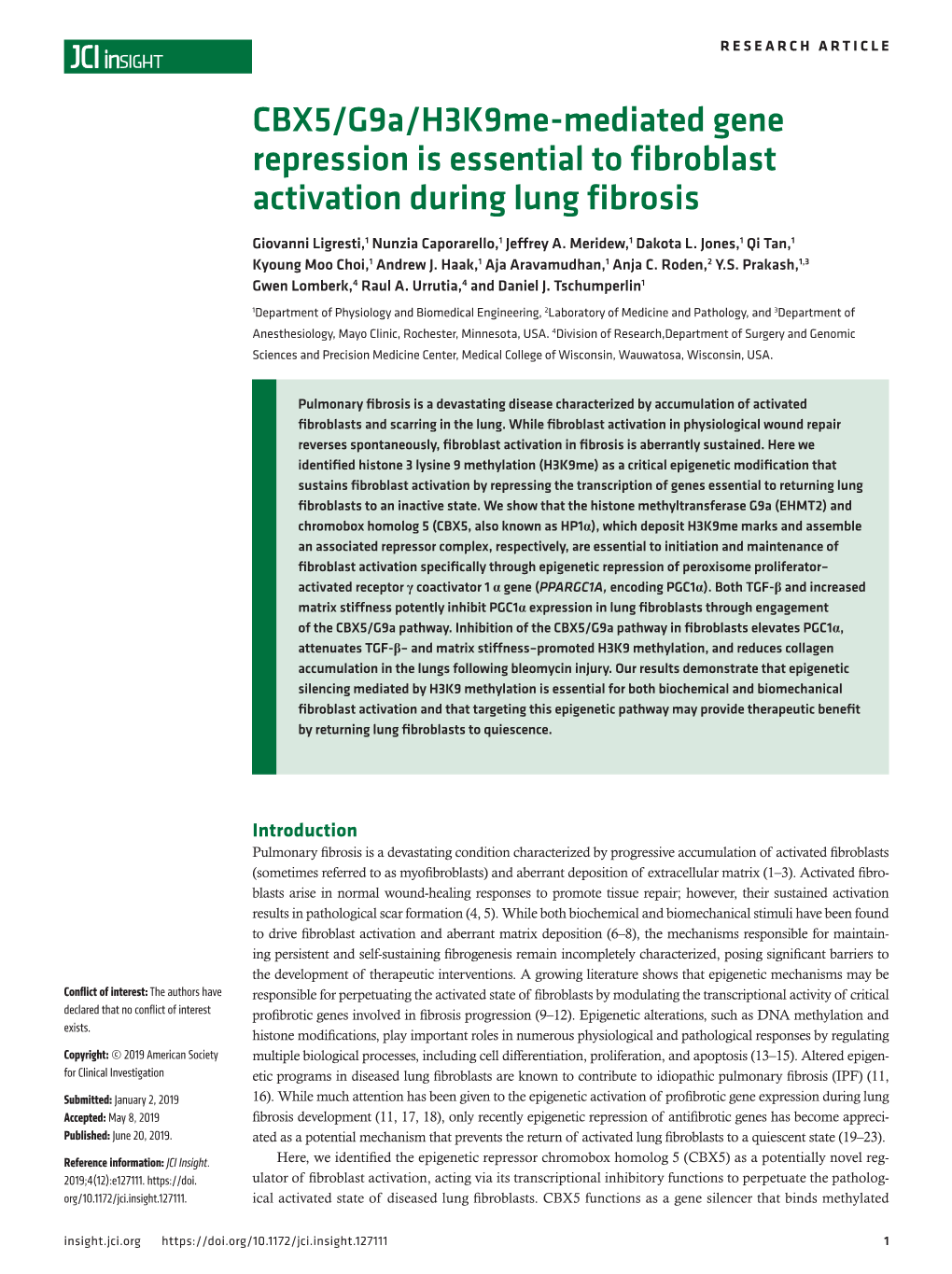 CBX5/G9a/H3k9me-Mediated Gene Repression Is Essential to Fibroblast Activation During Lung Fibrosis