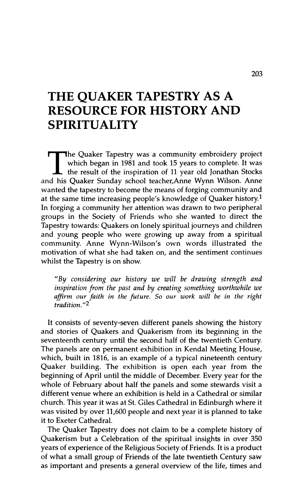 The Quaker Tapestry As a Resource for History and Spirituality