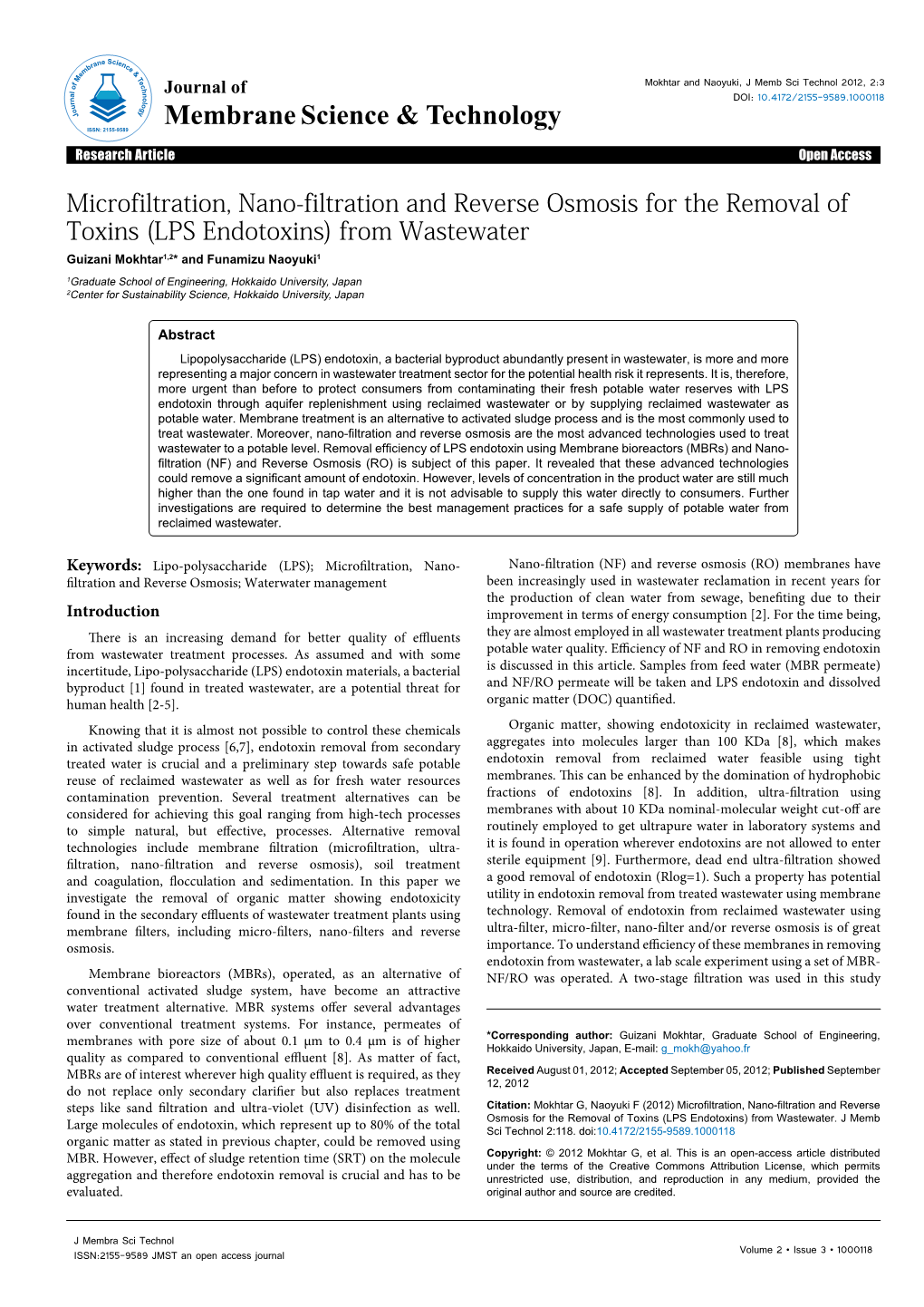 Microfiltration, Nano-Filtration and Reverse Osmosis for the Removal