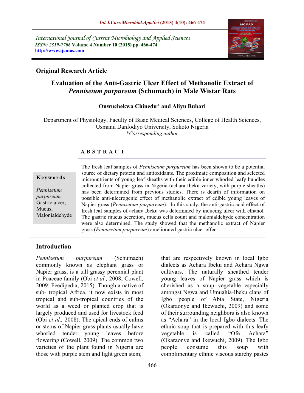 Evaluation of the Anti-Gastric Ulcer Effect of Methanolic Extract of Pennisetum Purpureum (Schumach) in Male Wistar Rats