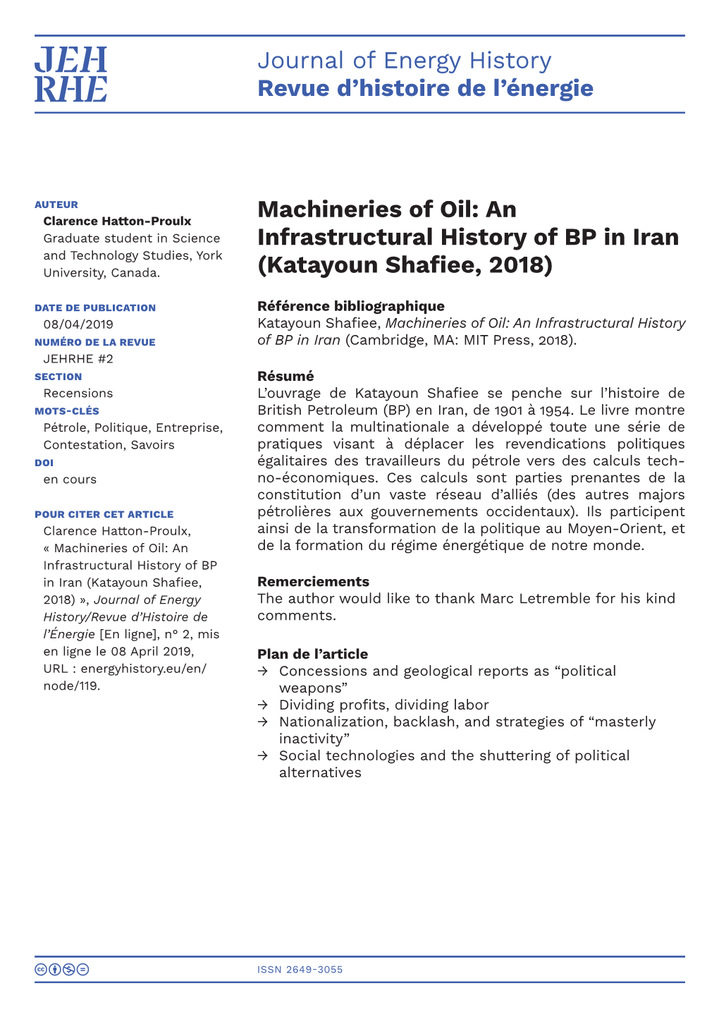 Journal of Energy History Revue D'histoire De L'énergie Machineries of Oil: an Infrastructural History of BP in Iran (Katay