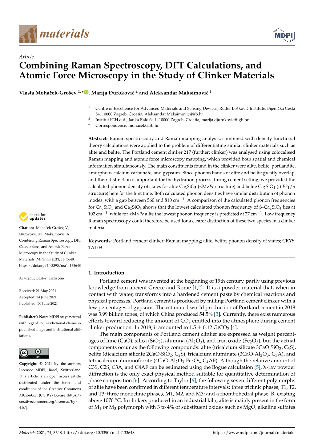 Combining Raman Spectroscopy, DFT Calculations, and Atomic Force Microscopy in the Study of Clinker Materials