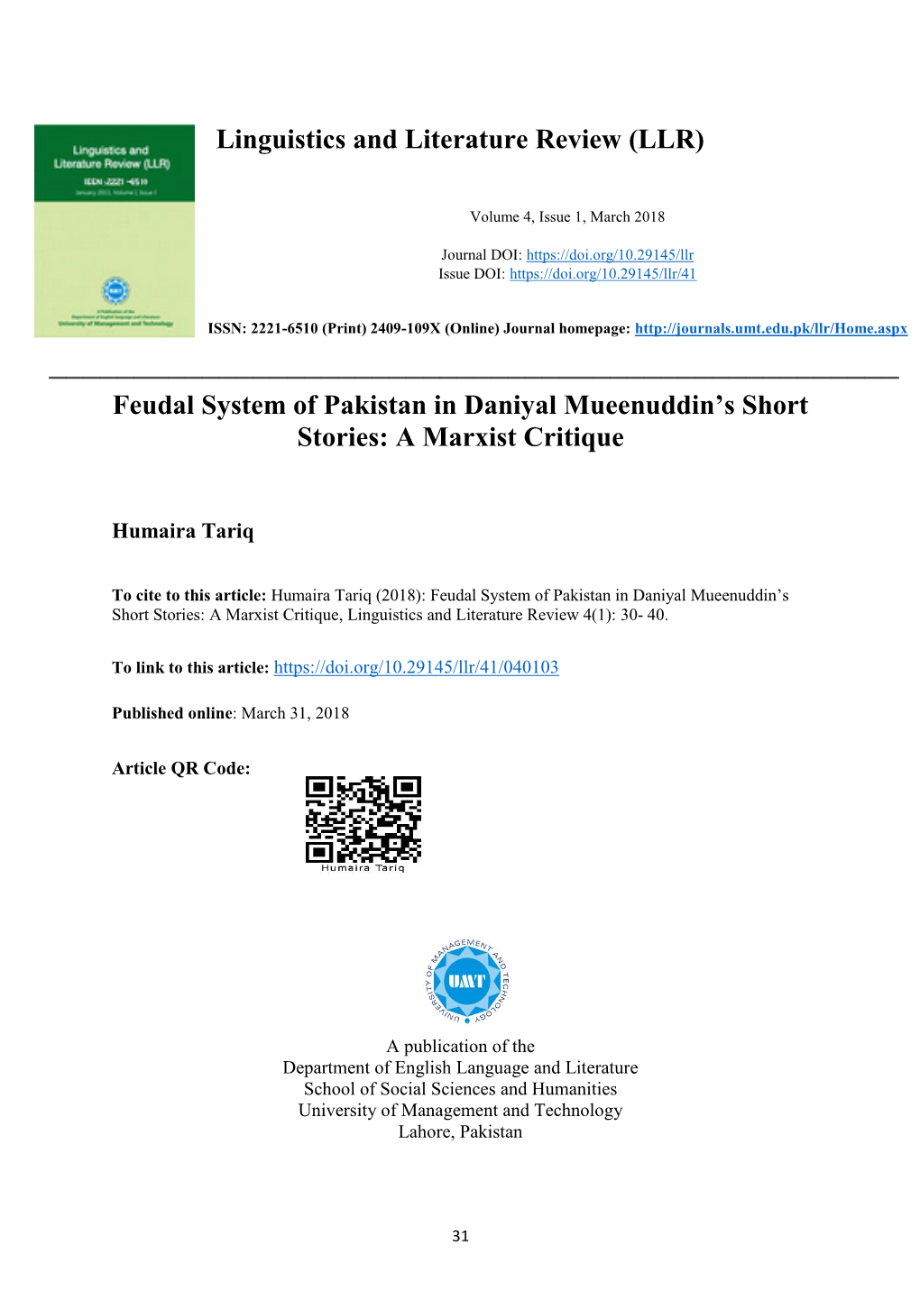 Linguistics and Literature Review (LLR) Feudal System of Pakistan in Daniyal Mueenuddin's Short Stories: a Marxist Critique