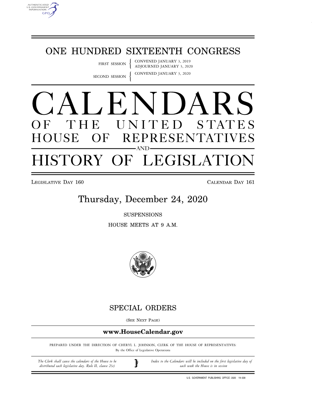 Calendars of the United States House of Representatives and History of Legislation