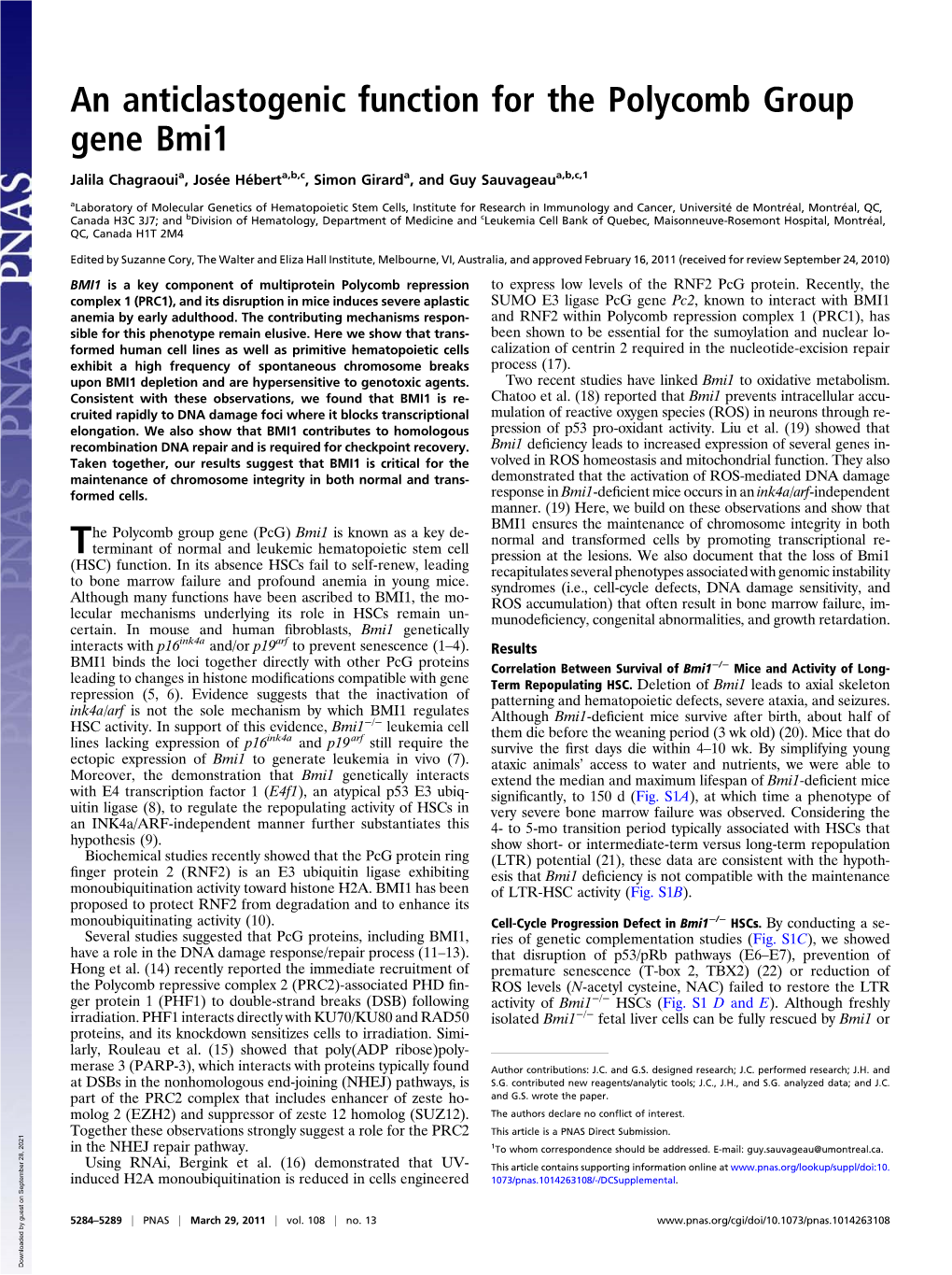 An Anticlastogenic Function for the Polycomb Group Gene Bmi1