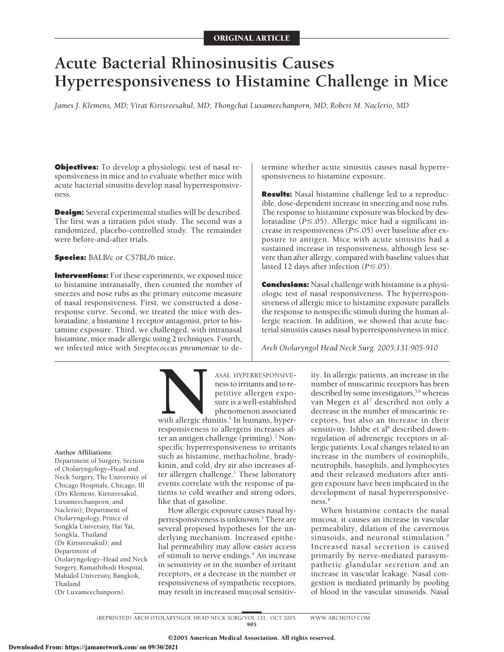 Acute Bacterial Rhinosinusitis Causes Hyperresponsiveness to Histamine Challenge in Mice