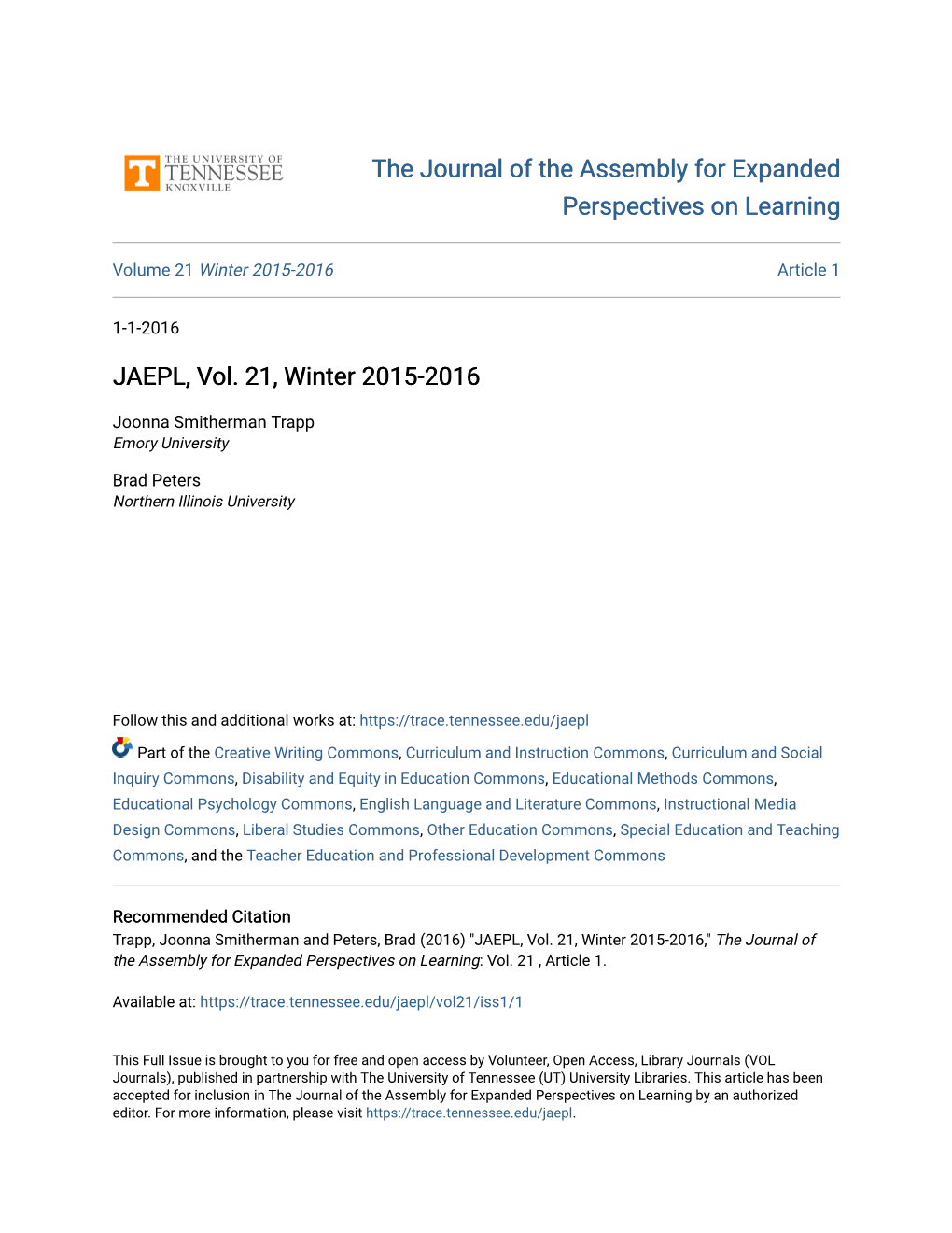 JAEPL, Vol. 21, Winter 2015-2016