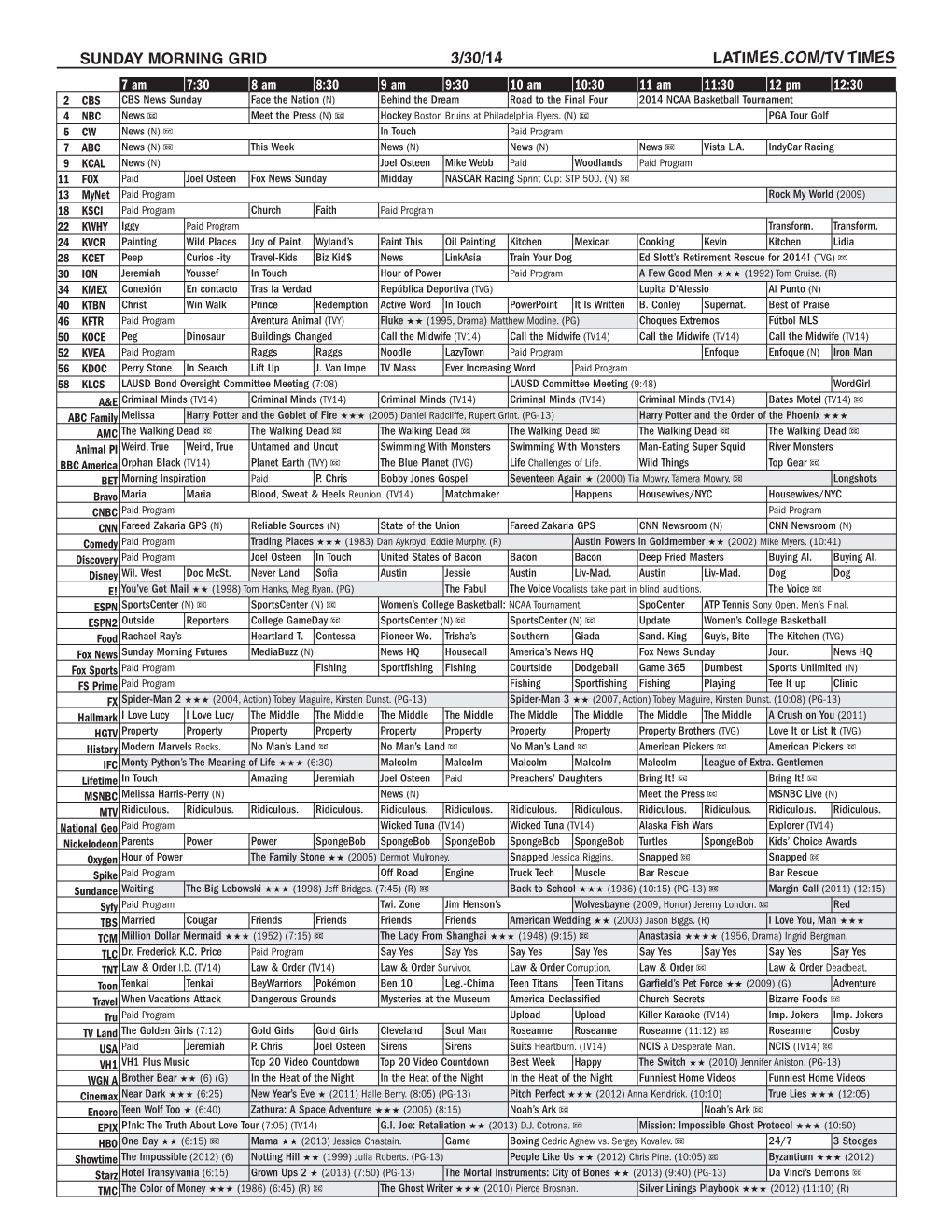 Sunday Morning Grid 3/30/14 Latimes.Com/Tv Times