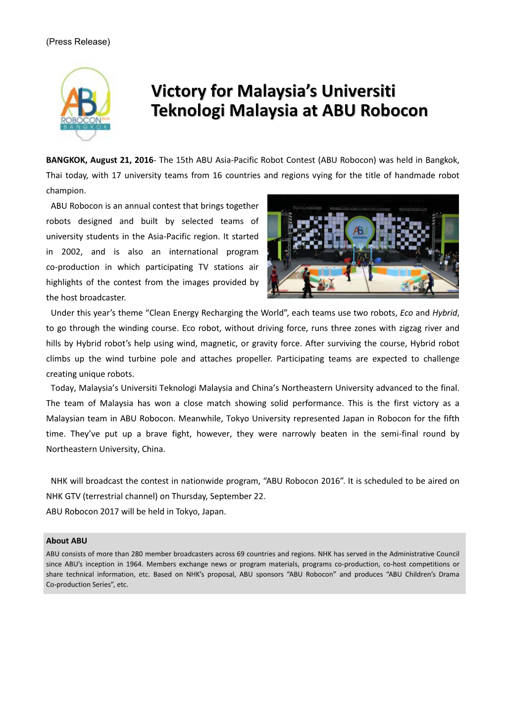 Victory for Malaysia's Universiti Teknologi Malaysia at ABU Robocon