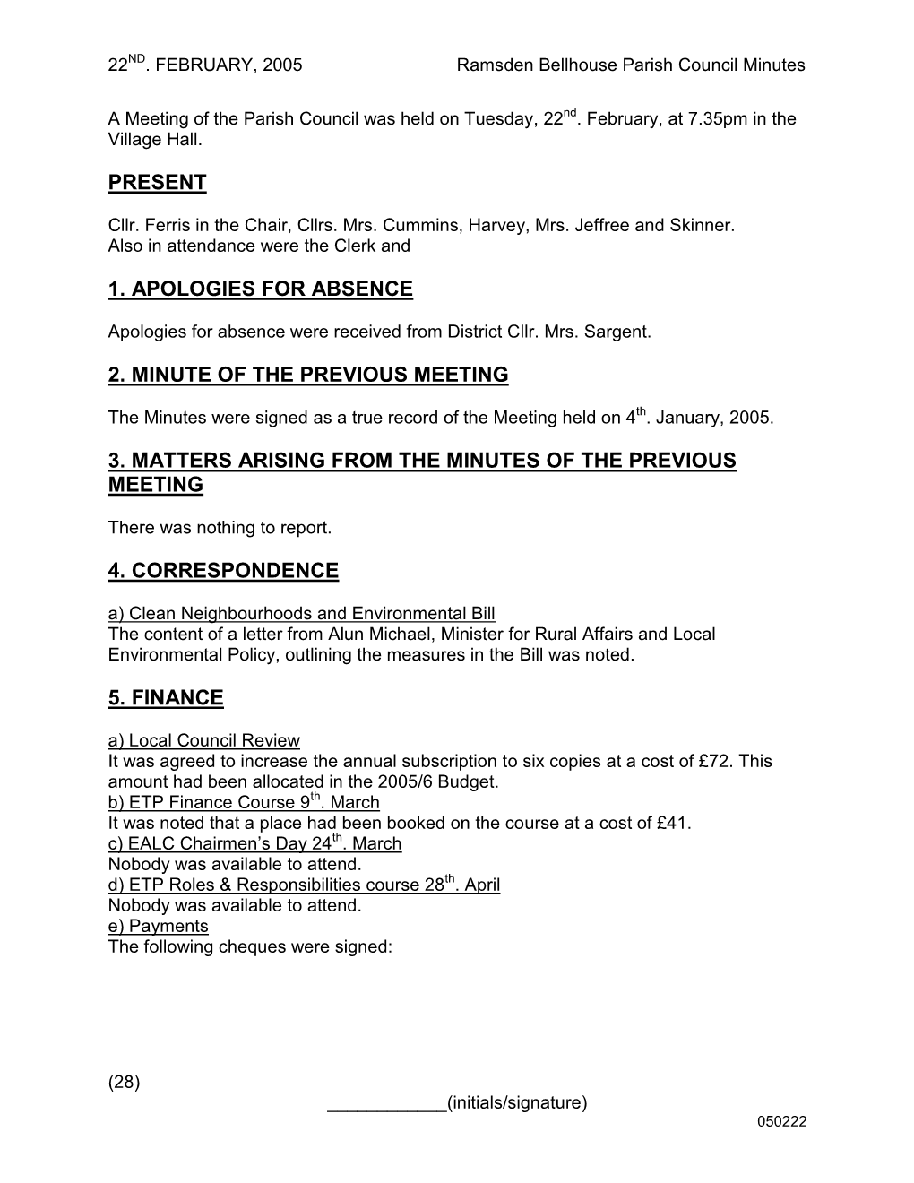 050222 Ramsden Bellhouse Parish Council Minutes 22 ND