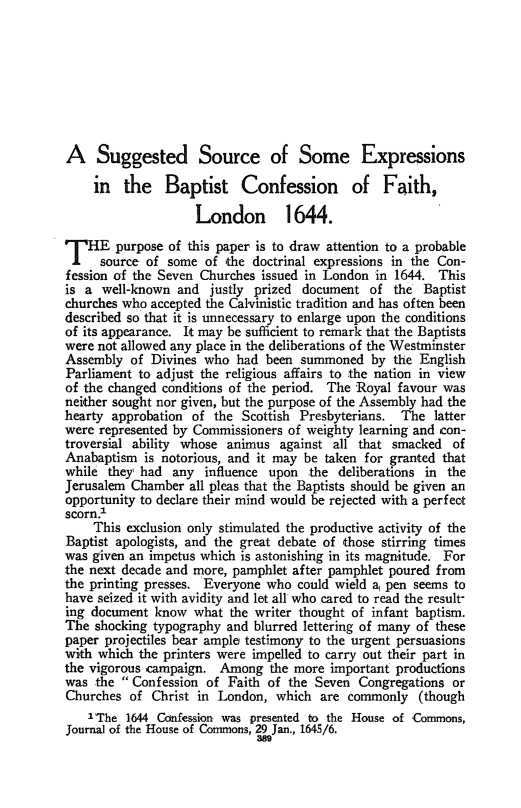 A Suggested Source of Some Expressions in The. Baptist Confession of Faith, London 1644