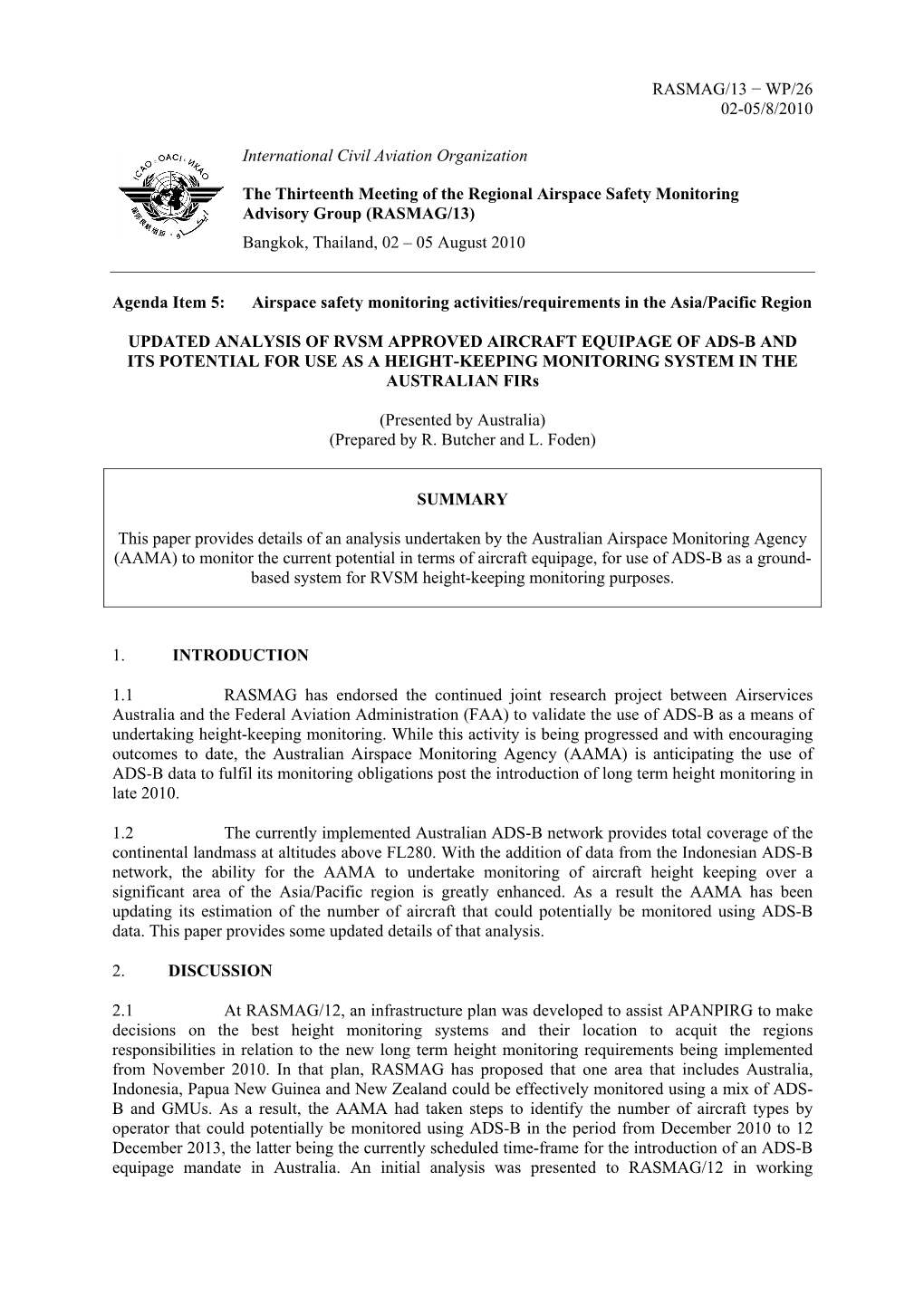 RASMAG/13 − WP/26 02-05/8/2010 International Civil Aviation Organization the Thirteenth Meeting of the Regional Airspace Safet