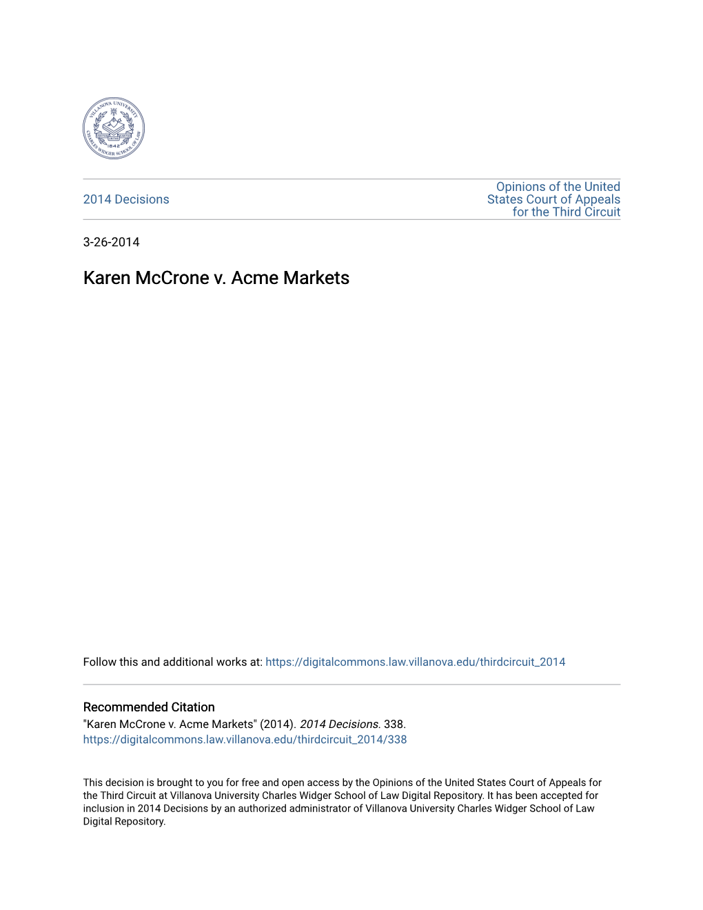 Karen Mccrone V. Acme Markets