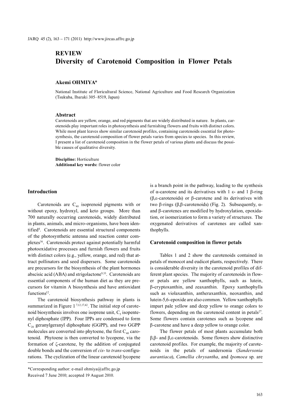 Diversity of Carotenoid Composition in Flower Petals