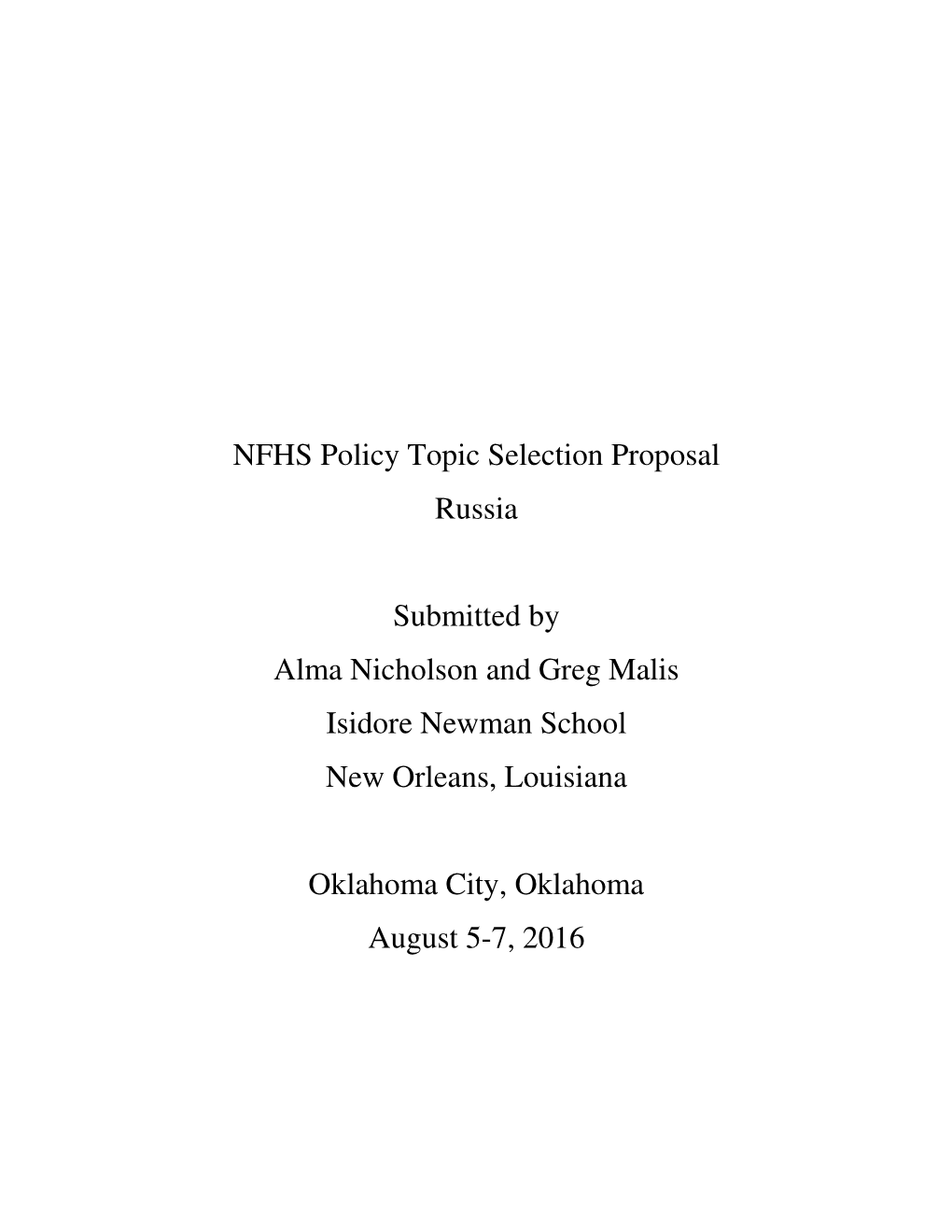 NFHS Policy Topic Selection Proposal Russia Submitted by Alma