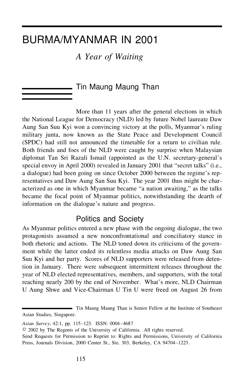 Burma/Myanmar in 2001: a Year of Waiting
