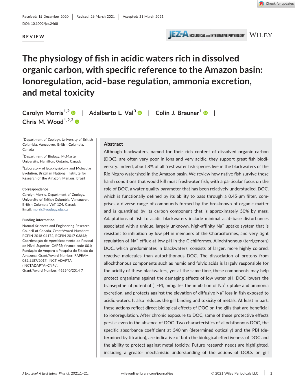 The Physiology of Fish in Acidic Waters Rich in Dissolved