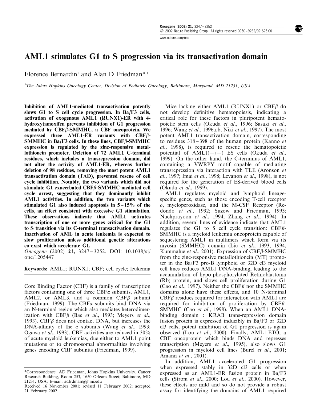 AML1 Stimulates G1 to S Progression Via Its Transactivation Domain