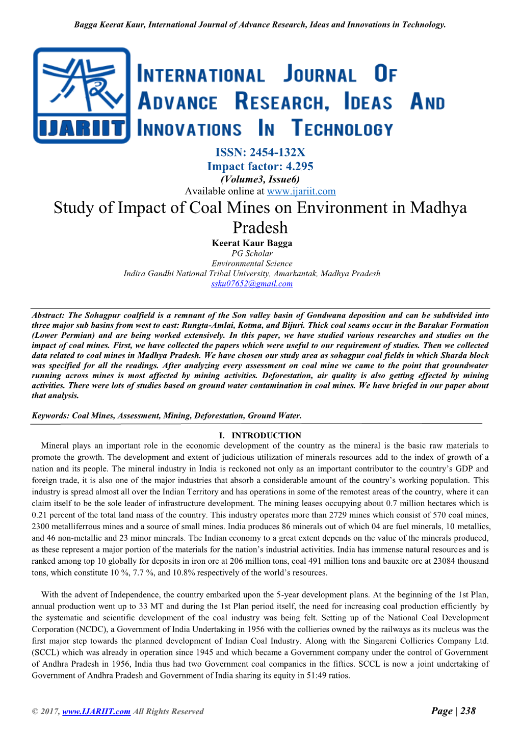 Study of Impact of Coal Mines on Environment in Madhya Pradesh