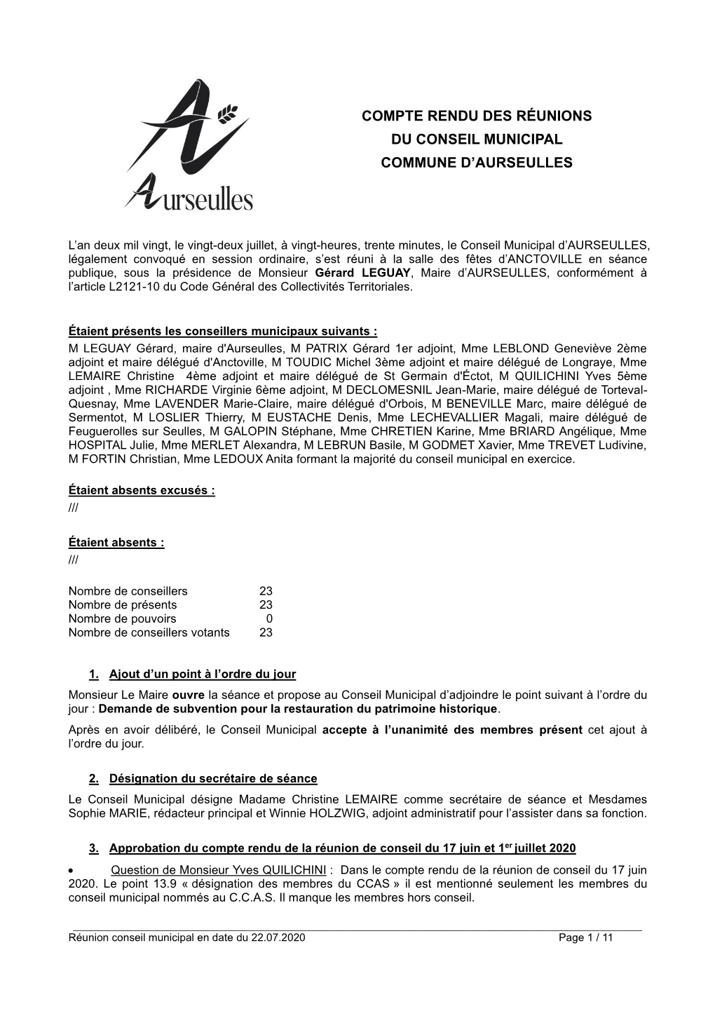 Compte Rendu Des Réunions Du Conseil Municipal Commune D’Aurseulles