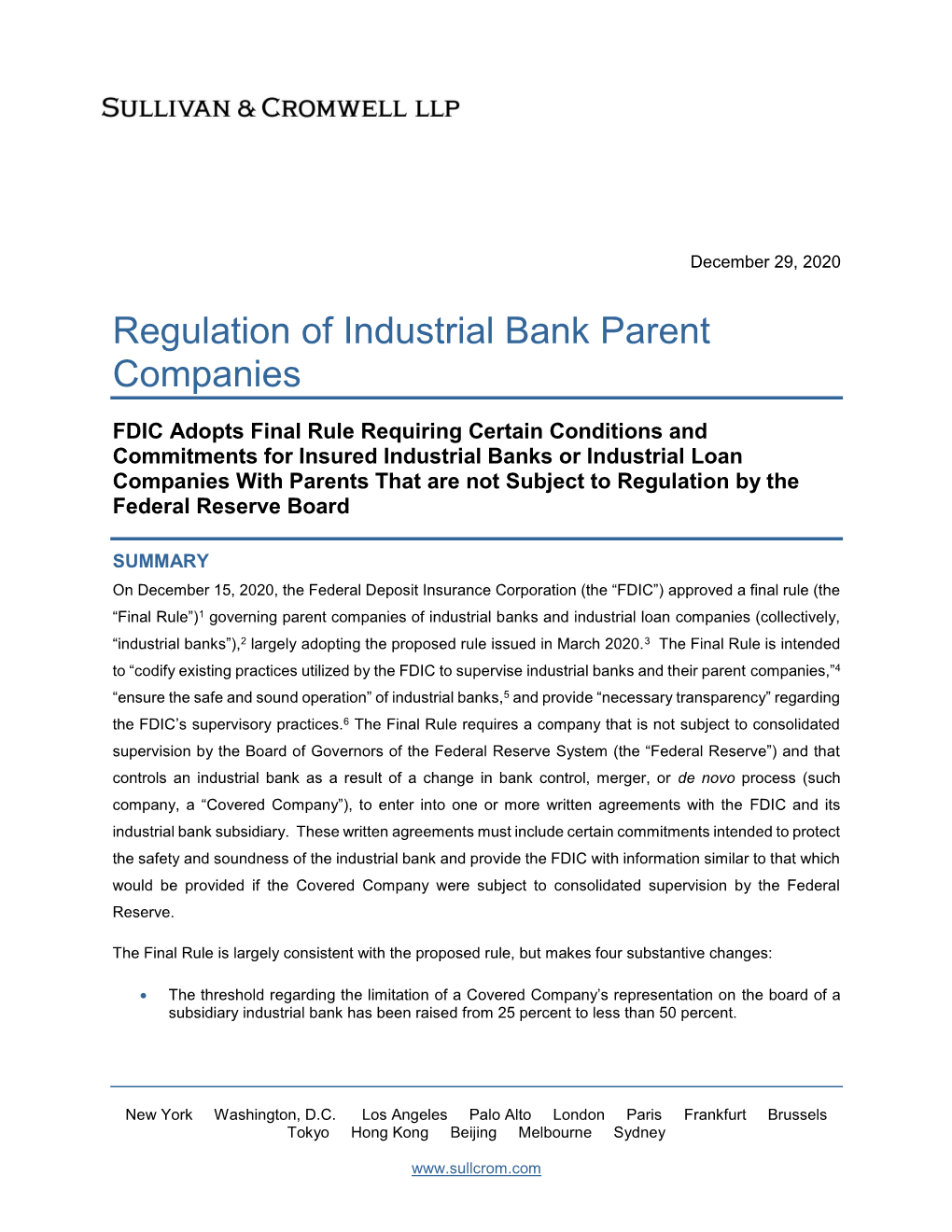 Regulation of Industrial Bank Parent Companies