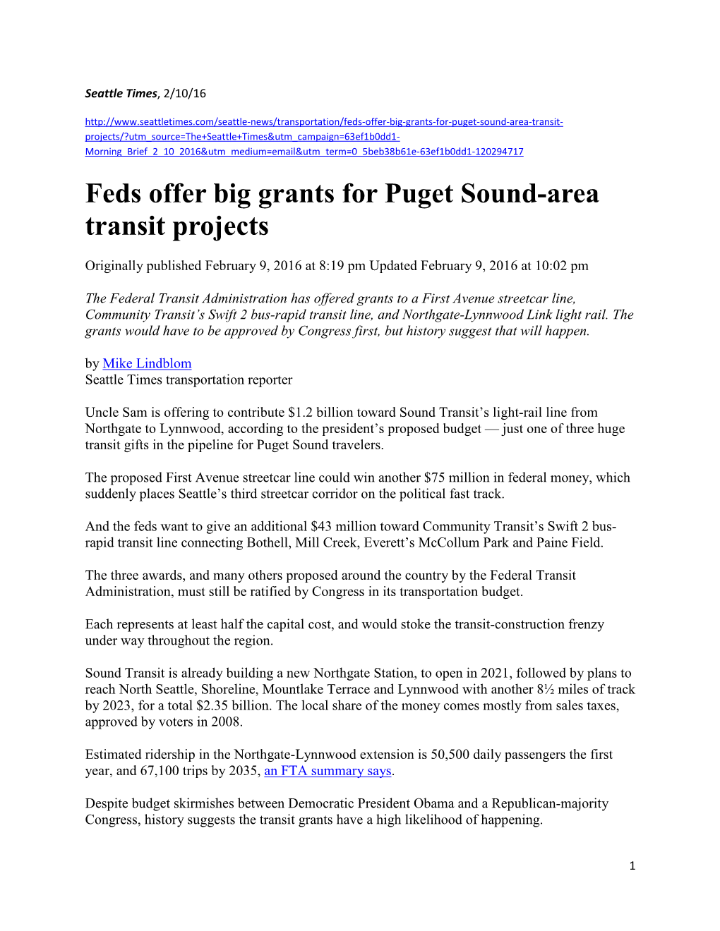 Feds Offer Big Grants for Puget Sound-Area Transit Projects