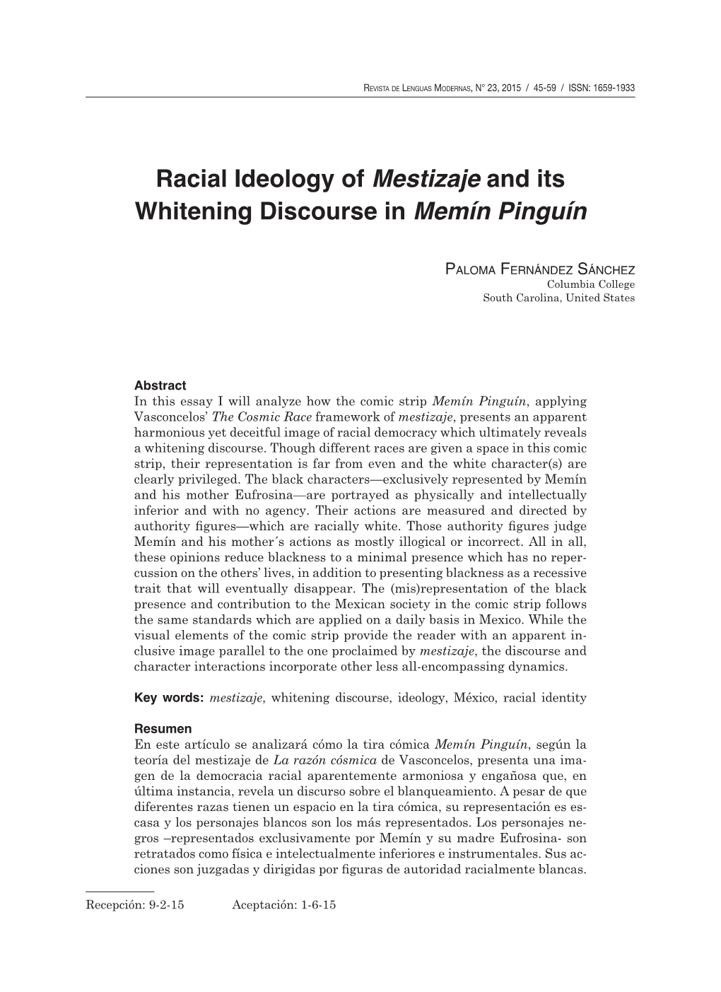 Racial Ideology of Mestizaje and Its Whitening Discourse in Memín Pinguín