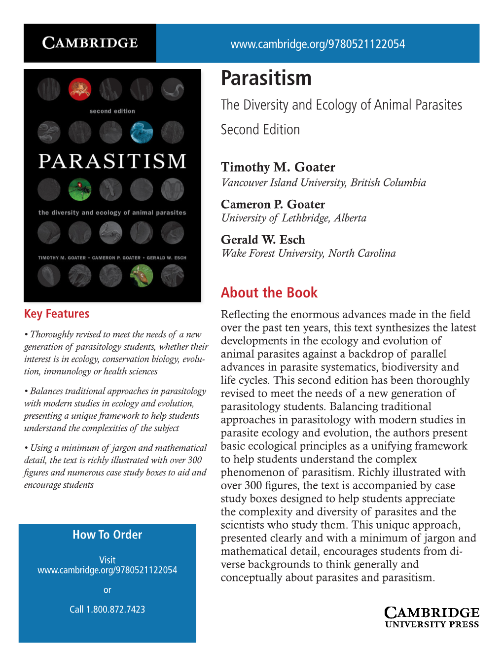 Parasitism the Diversity and Ecology of Animal Parasites Second Edition