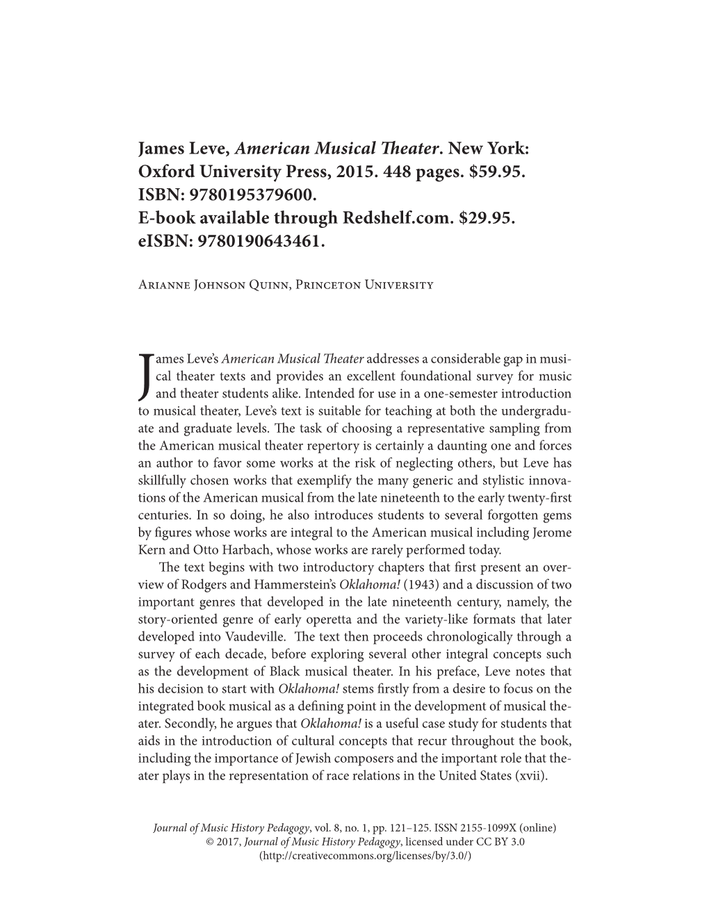 James Leve, American Musical Theater. New York: Oxford University Press, 2015