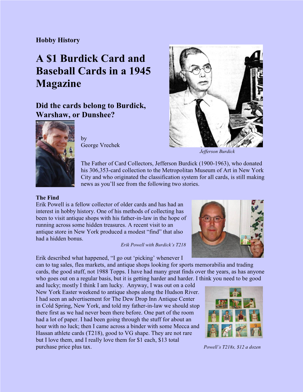 A $1 Burdick Card and Baseball Cards in a 1945 Magazine