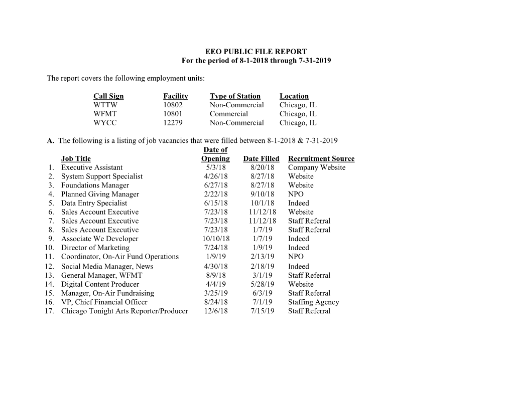 EEO PUBLIC FILE REPORT for the Period of 8-1-2018 Through 7-31-2019